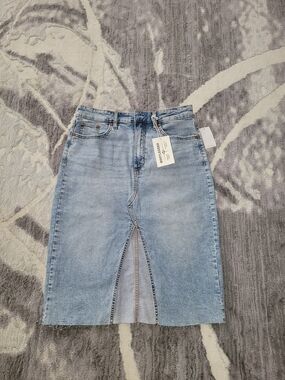 Brand New Bootlegger High-Rise Light Wash Denim Midi Skirt with Front Slit